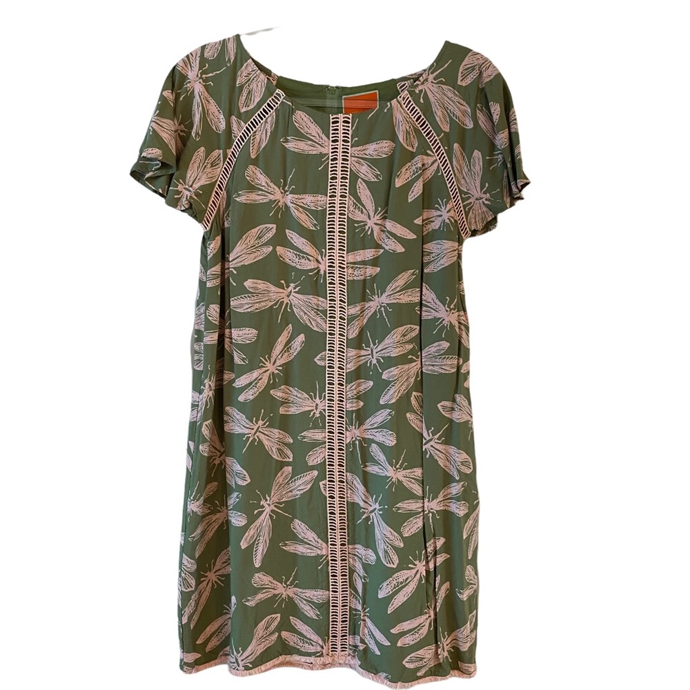 Short sleeve pink and green dragonfly shift dress with pockets by ModCloth.